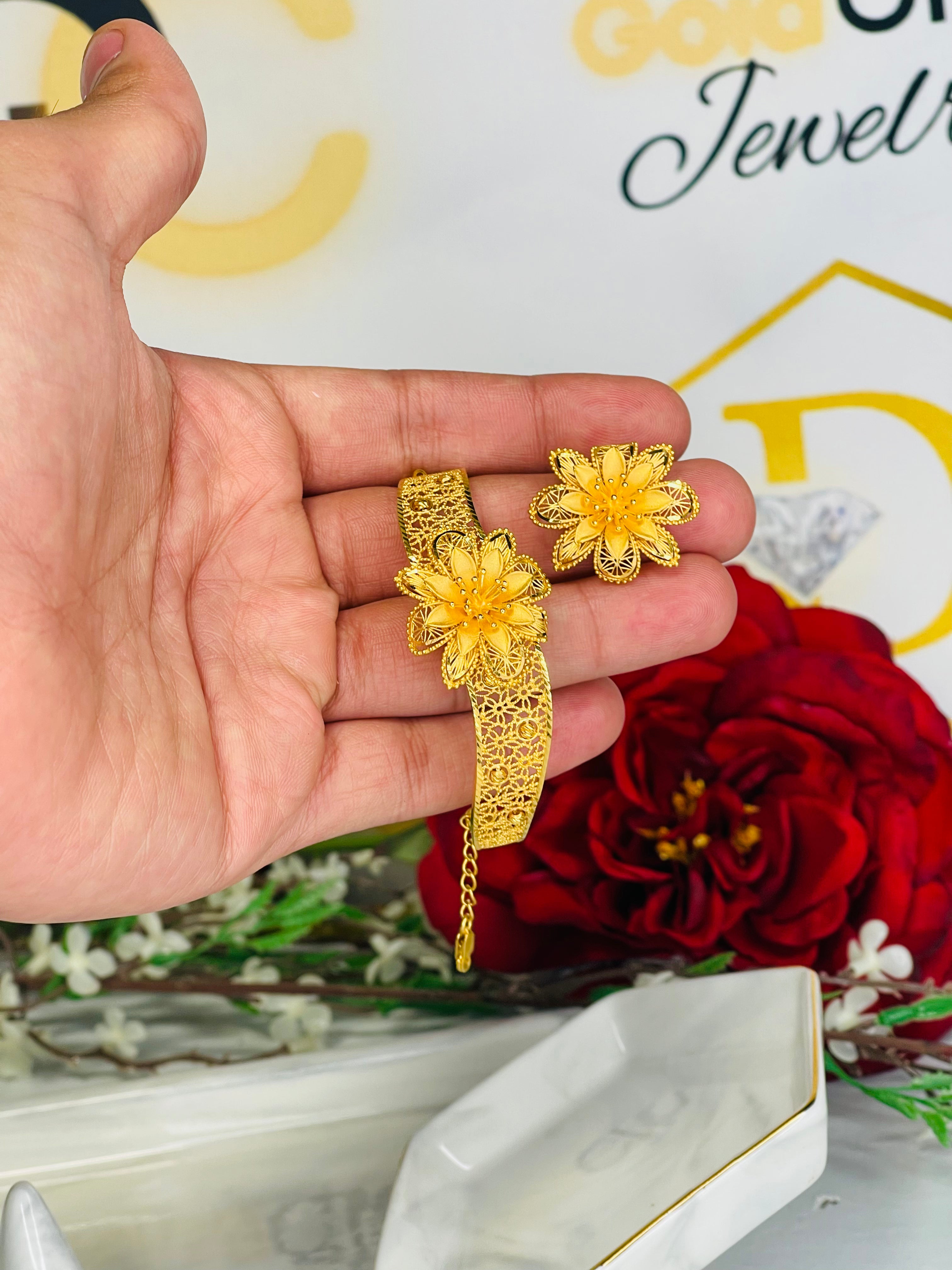 21k Flower Bangle Bracelet + Ring